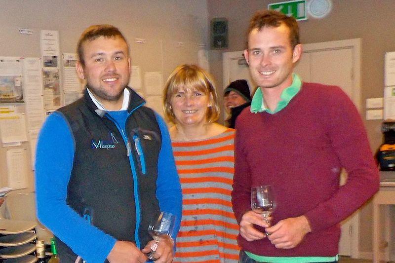 Andy Tunnicliffe and Ian Dobson (with Hollingworth Commodore Sue Townsend) win the GP14 End of Season Championship at Hollingworth Lake photo copyright Hugh Brazier taken at Hollingworth Lake Sailing Club and featuring the GP14 class