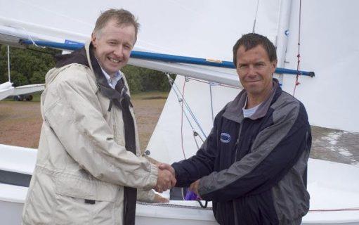 Richard Estaugh presenting GP14 14000 to Hugh Gill, then President of GP14 Association photo copyright GP14 Association taken at Chase Sailing Club and featuring the GP14 class