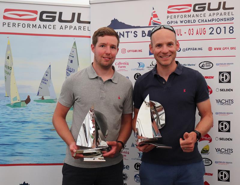 World Champions, Chris White and Mike Senior in the Gul GP14 Worlds at Mount's Bay - photo © Michelle Evans