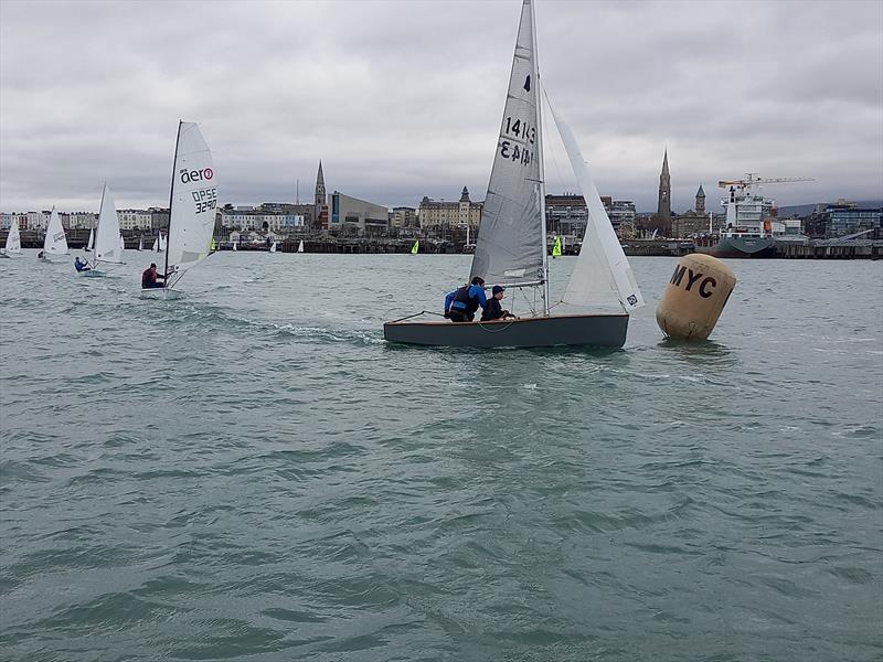 Brian and Charlie O'Neil rounding Mark C (Boyd Memorial) during the Christmas Cracker 2021 at Dun Laoghaire photo copyright Ian Cutliffe taken at Dun Laoghaire Motor Yacht Club and featuring the GP14 class