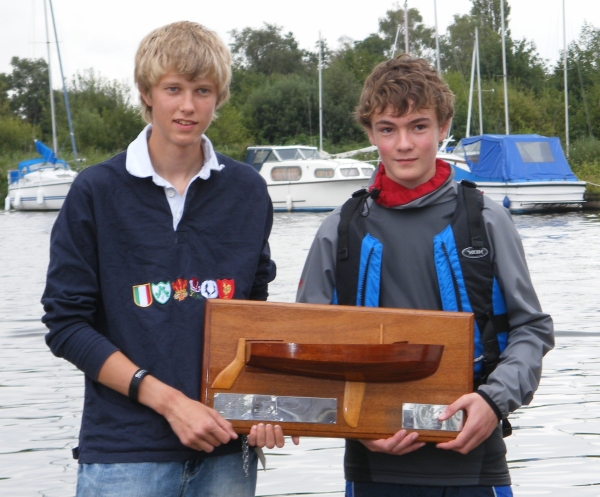 Tom Heaffey (left) and Duncan Paul receive the Under 18's Trophy at the Inland Champs photo copyright Holly Hancock taken at Horning Sailing Club and featuring the Gull class
