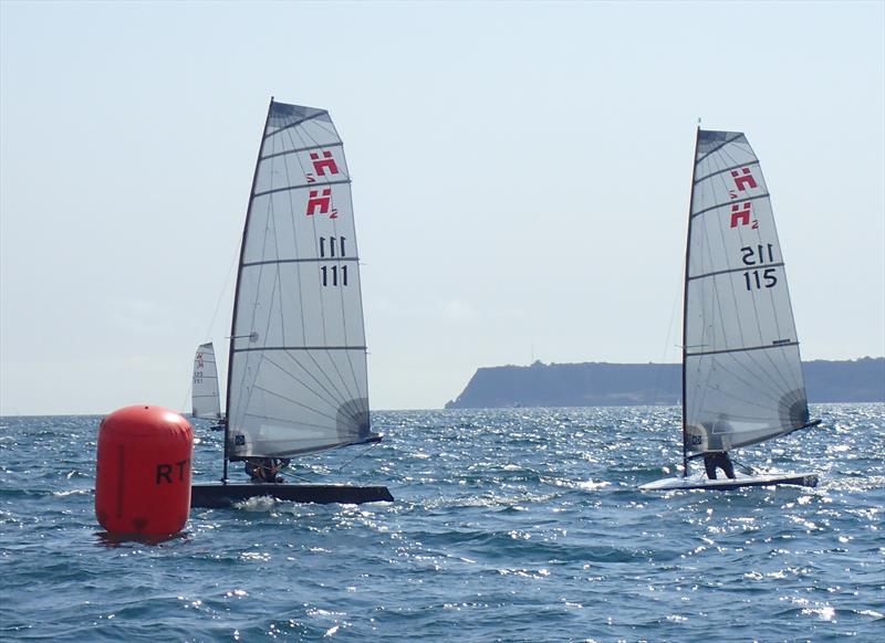 Ian Sanderson passes Richard Leftley at the last mark, Race 8 on day 3 of the Hadron H2 Nationals in Torbay - photo © Keith Callaghan