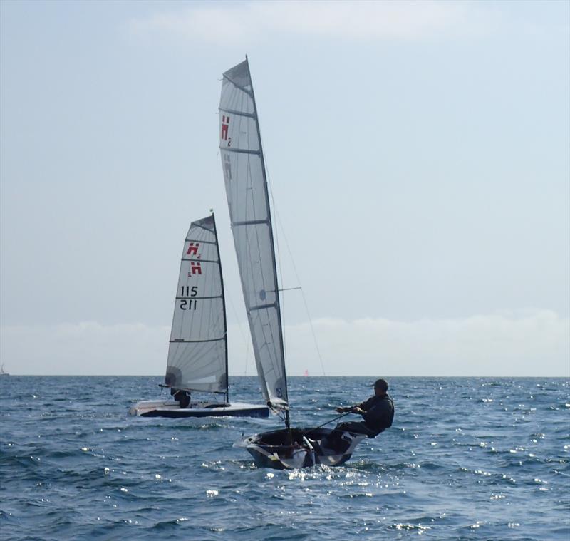 Richard crosses Ian, Race 7 on day 3 of the Hadron H2 Nationals in Torbay photo copyright Keith Callaghan taken at Royal Torbay Yacht Club and featuring the Hadron H2 class