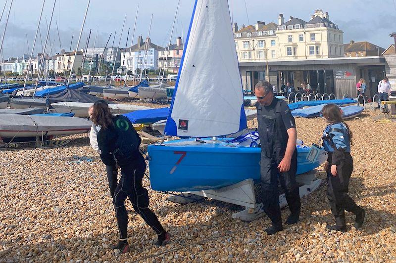 Launching on shingle may mean skis are better than wheels photo copyright Emma Mcfarlane taken at Downs Sailing Club and featuring the Hartley 14 class