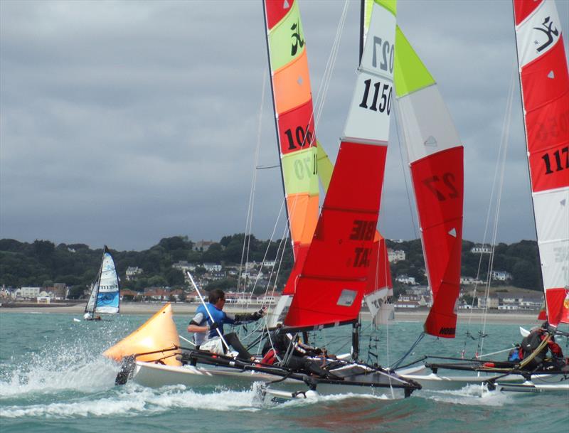 Hobie 16s at the downwind gate during the Rubicon (Jersey) Channel Islands Hobie Cat Championships - photo © Bill Harris