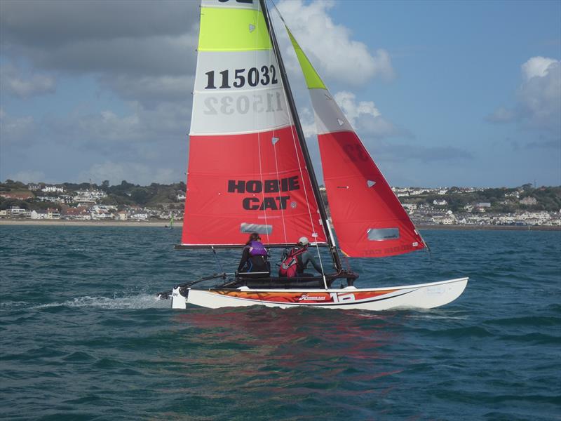 Women's Hobie 16 team, Malin Nilsson and Sandrine Martin during the RCIYC Hobie Fleets Love Wine 'Summer Breeze' series photo copyright Elaine Burgis taken at Royal Channel Islands Yacht Club and featuring the Hobie 16 class