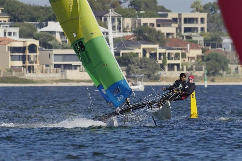 Class WA President Robin Dinsdale races with Stuart Collison - Hobie 16 State Championships 2019 photo copyright Lindsay Preece / Ironbark Photos taken at Nedlands Yacht Club and featuring the Hobie 16 class