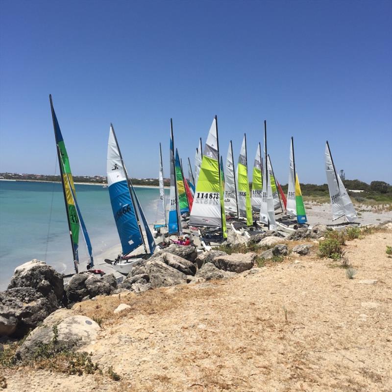 Hobies lined up on the beach - 2019-20 Australian Hobie Cat Nationals, day 1 photo copyright Hobie Class Association of WA taken at Jervoise Bay Sailing Club and featuring the Hobie 16 class