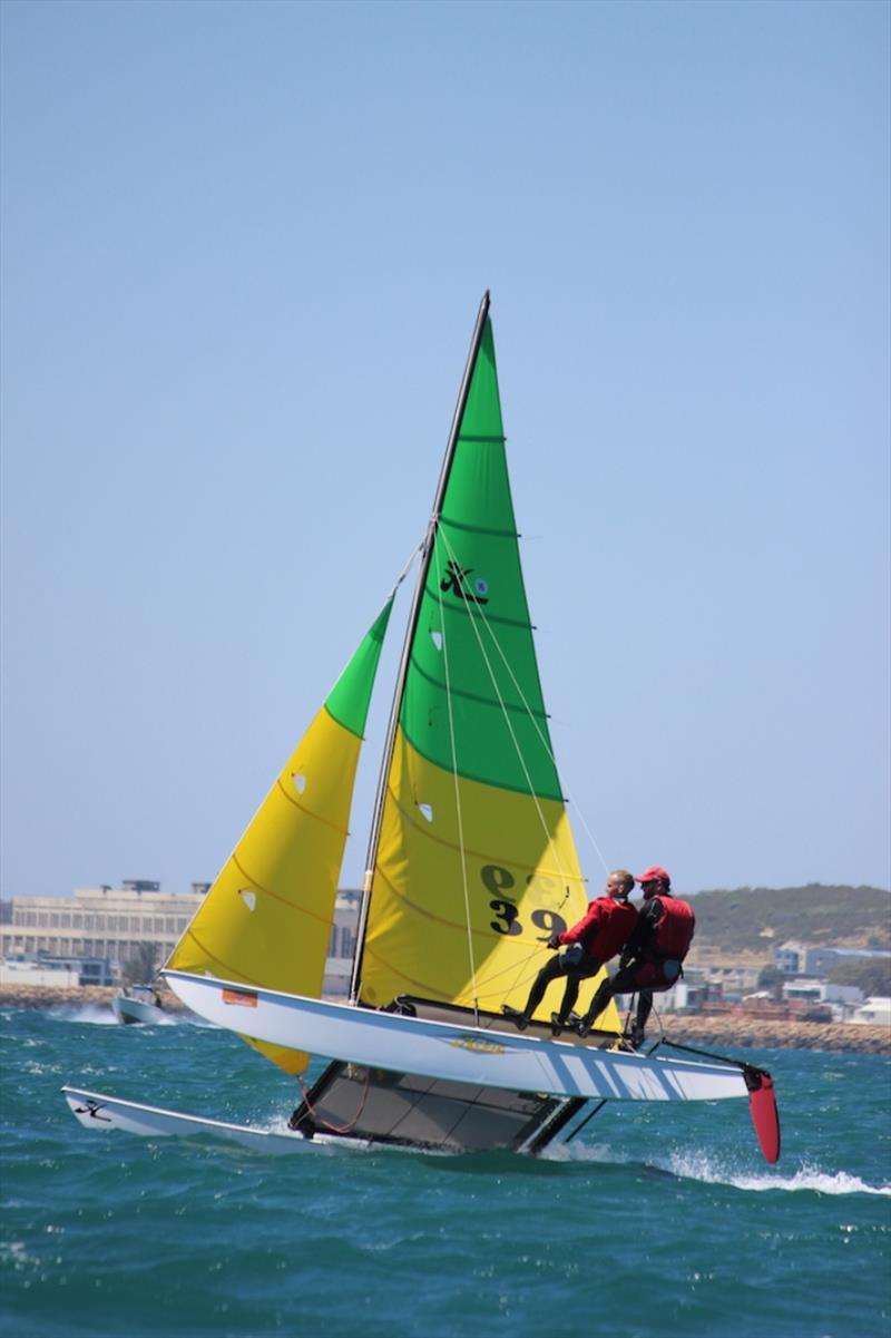 Russell and Mitchell fly a hull - 2019-20 Australian Hobie Cat Nationals photo copyright Kathy Miles taken at Jervoise Bay Sailing Club and featuring the Hobie 16 class