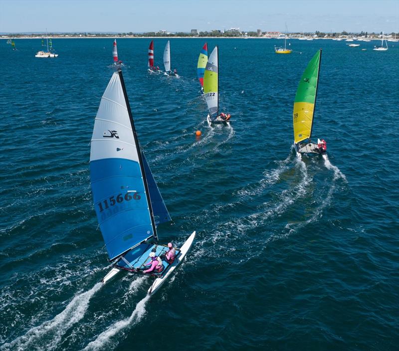 Trevor and Elisabeth trail in to the offset mark - 2023 Hobie 16 WA State Championships - photo © John SailsOnSwan