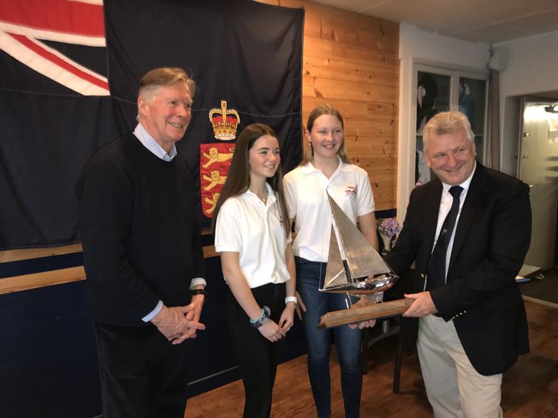 (l-r) Gordon Burgis Hobie Dragoons race organiser, Cadets Kyla McDonagh and Juliette Walton, RCIYC Commodore Richard Hall photo copyright RCIYC taken at Royal Channel Islands Yacht Club and featuring the Hobie Dragoon class