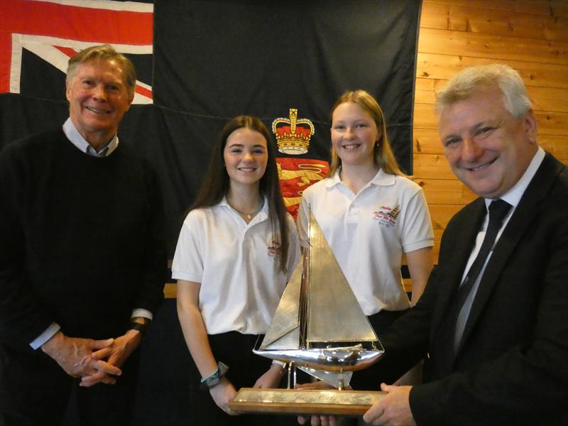 (l-r) Gordon Burgis Hobie Dragoons race organiser, Cadets Kyla McDonagh and Juliette Walton, RCIYC Commodore Richard Hall photo copyright RCIYC taken at Royal Channel Islands Yacht Club and featuring the Hobie Dragoon class