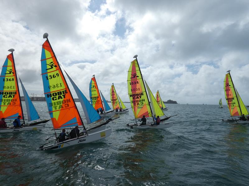 Hobie Dragoon start during the Savills Channel Islands Hobie Cat Championships photo copyright Elaine Burgis taken at Royal Channel Islands Yacht Club and featuring the Hobie Dragoon class