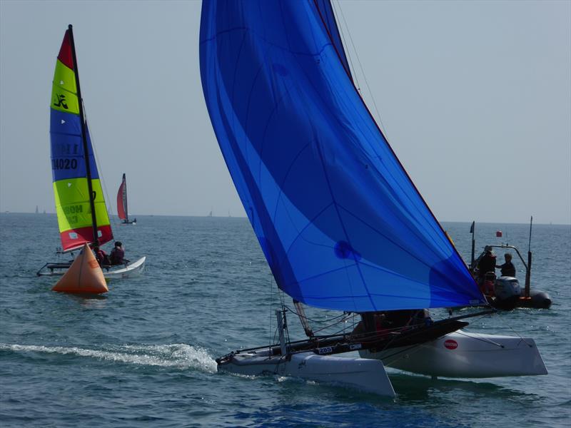 Darren Stower and Graeme Monk's Wildcat during the Rubicon (Jersey) Channel Islands Hobie Cat Championships photo copyright Elaine Burgis taken at Royal Channel Islands Yacht Club and featuring the Hobie Wild Cat class