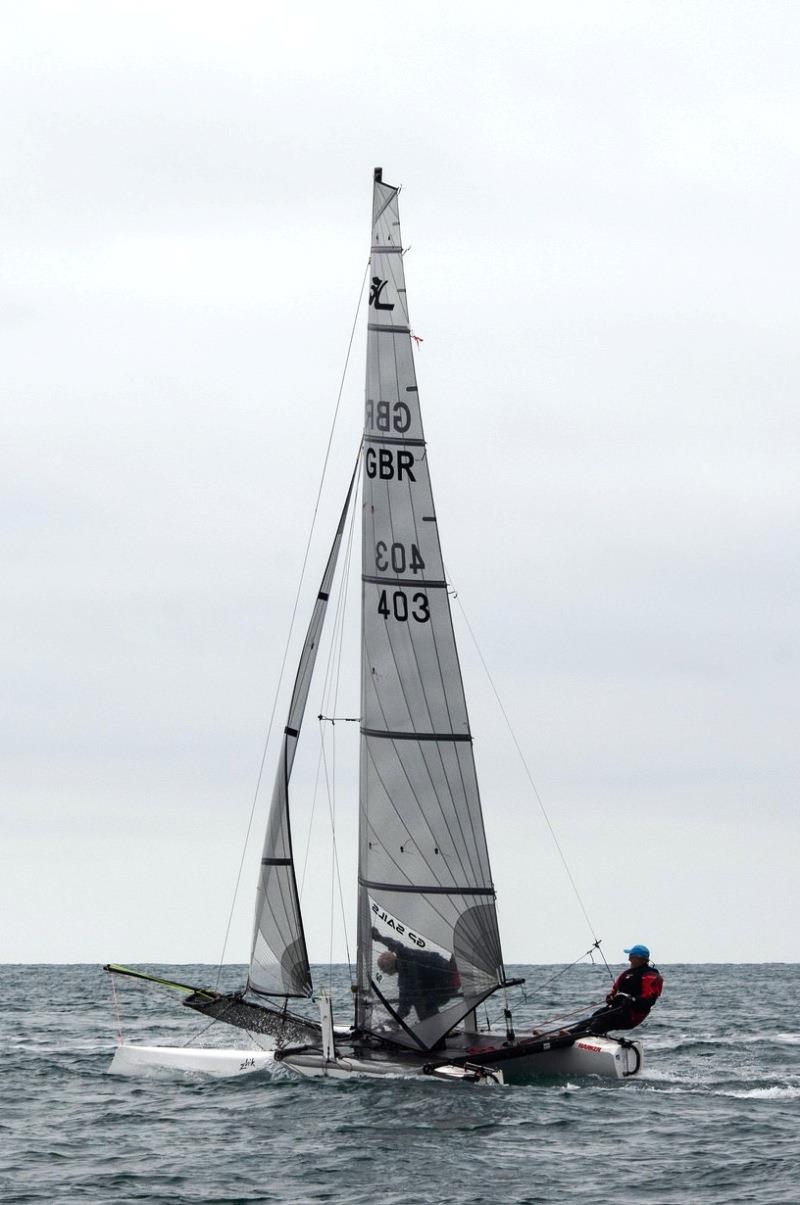 Smurf - Darren Stower - Rossborough Round the Island Race 2018 photo copyright Simon Ropert taken at Royal Channel Islands Yacht Club and featuring the Hobie Wild Cat class