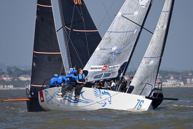 Farr 30 Pegasus Dekmarx crosses ahead of Pandemonium in the HP30 class - 2018 Vice Admiral's Cup - photo © Rick Tomlinson