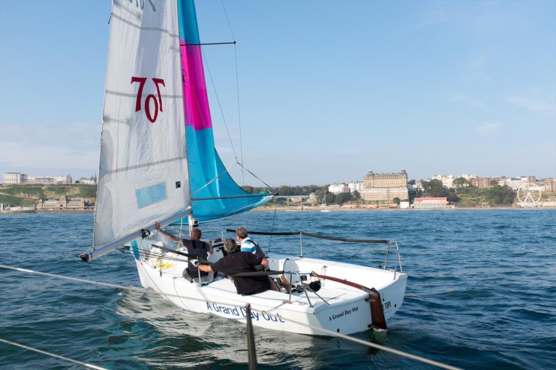 Making it look easy, 707 Class race winner 'A Grand Day Out' sails past Little Jeannie to race success in Race 5 of the Sunday B Series at Scarborough YC photo copyright Chris Clark taken at Scarborough Yacht Club and featuring the 707 class