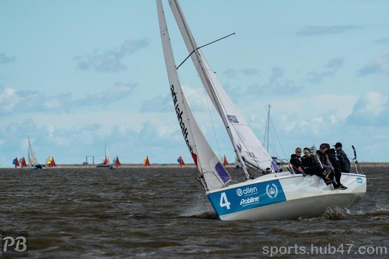 Flynn Davies, Niamh Davies, Ben Beasley and Juliette Letort sailing during Burnham Week 2026 photo copyright Petru Balau Sports Photography / sports.hub47.com taken at Royal Corinthian Yacht Club and featuring the 707 class