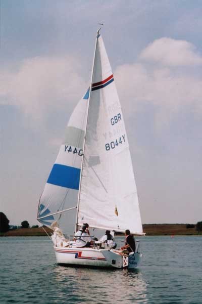 Paul Harkness on Hitch Hiker, winner of the 2003 Hunter Formula One Nationals photo copyright John Ball taken at Rutland Sailing Club and featuring the Hunter Formula One class