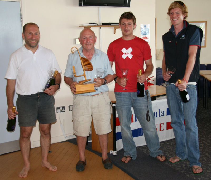 The Kingfisher team win the Hunter Formula One nationals at Rutland (l to r: Nick Verdino, Chris Wright, Josh Wilce & Olly Wilce) photo copyright Liz Bonar taken at Rutland Sailing Club and featuring the Hunter Formula One class