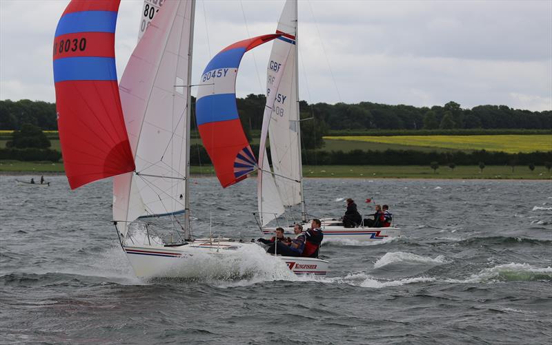 Evolution & Kingfisher downwind during the Hunter Formula One nationals at Rutland photo copyright Mike Wilce taken at Rutland Sailing Club and featuring the Hunter Formula One class