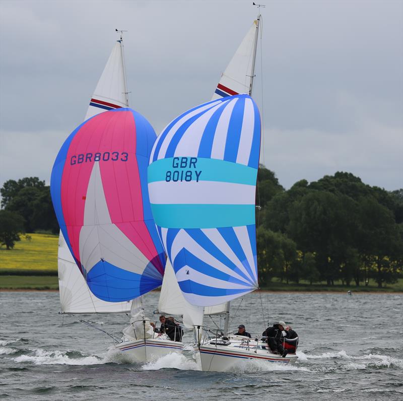 National Champions Spider Pig (8033) and runners up Tearaway (8018)  during the Hunter Formula One nationals at Rutland photo copyright Mike Wilce taken at Rutland Sailing Club and featuring the Hunter Formula One class