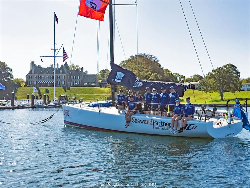The full team on their IC37 in front of the NYYC, Newport RI - photo © Nic Douglass @SailorGirlHQ