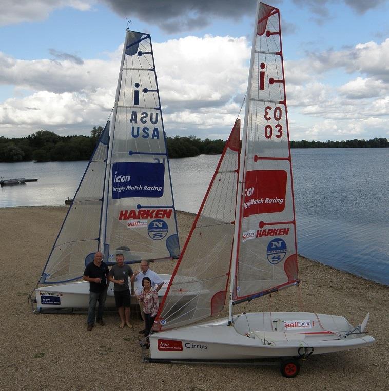 Paul Young of Rondar, Charlie Cumbley of North One Design plus Simon Lovesey of Sailracer share a glass of fizzy stuff at the recent launch of Icon match racing with Charlotte Bell of the Icon class association photo copyright Cirrus taken at  and featuring the Icon class