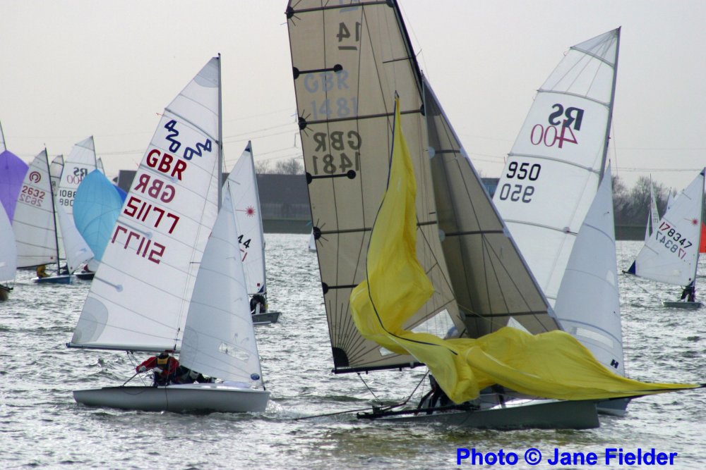 Andy Fielder & Louis McVeigh being overtaken by the I14 of Andy Partington & Ben Vernieres at the Bloody Mary photo copyright Jane Fielder taken at Queen Mary Sailing Club and featuring the International 14 class