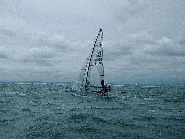 Mike Lennon & Martin Jones during the International 14 Forts Nab Tower Race photo copyright Caroline Gosford taken at Itchenor Sailing Club and featuring the International 14 class