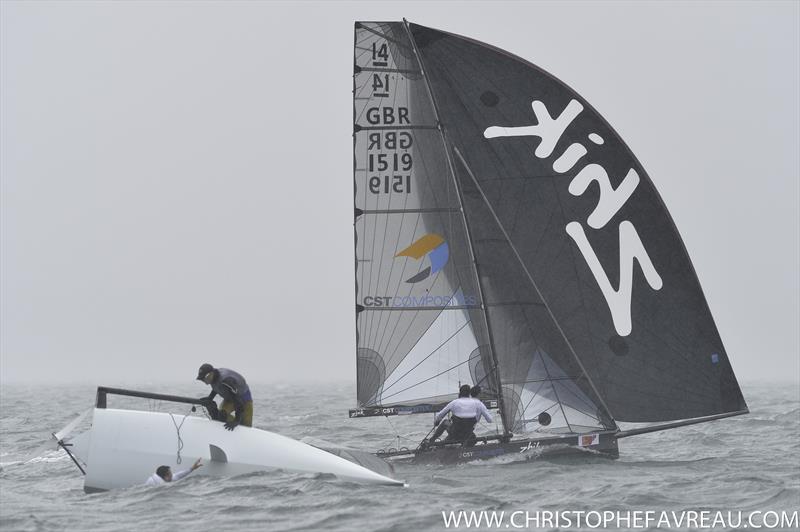 Wild conditions on day 5 of the International 14 Worlds in Geelong photo copyright Christophe Favreau / www.christophefavreau.com taken at Royal Geelong Yacht Club and featuring the International 14 class