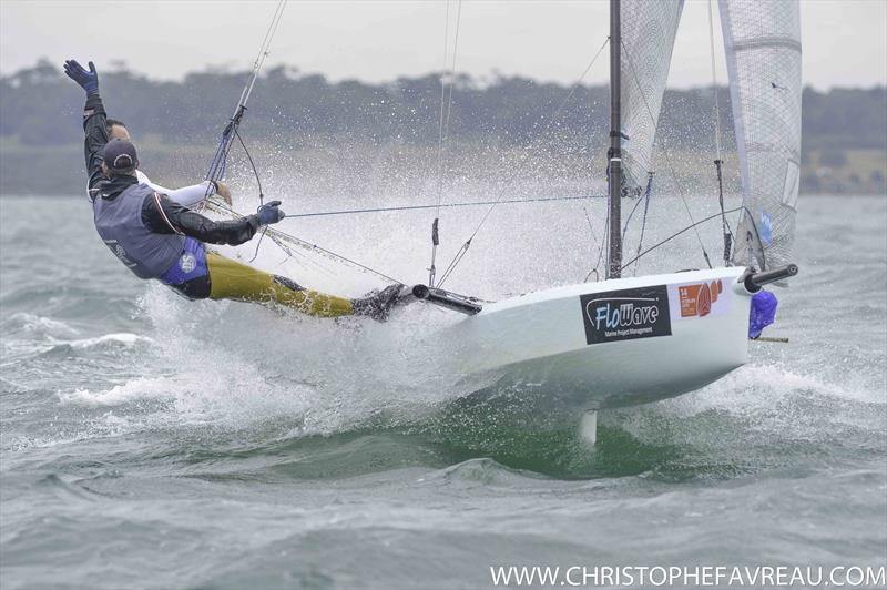 Wild conditions on day 5 of the International 14 Worlds in Geelong photo copyright Christophe Favreau / www.christophefavreau.com taken at Royal Geelong Yacht Club and featuring the International 14 class