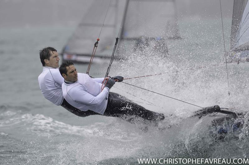 Wild conditions on day 5 of the International 14 Worlds in Geelong photo copyright Christophe Favreau / www.christophefavreau.com taken at Royal Geelong Yacht Club and featuring the International 14 class