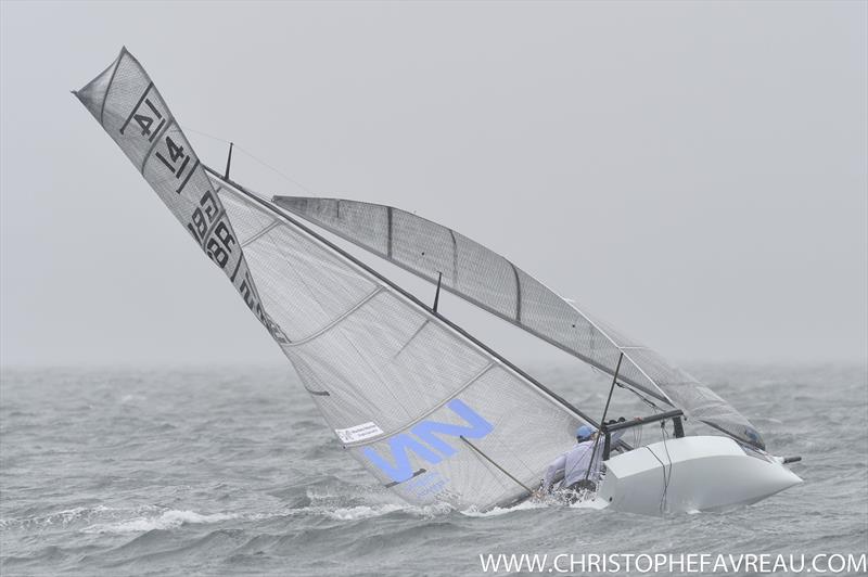 Wild conditions on day 5 of the International 14 Worlds in Geelong photo copyright Christophe Favreau / www.christophefavreau.com taken at Royal Geelong Yacht Club and featuring the International 14 class