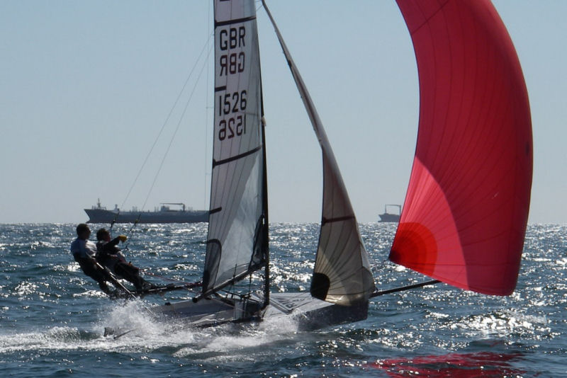 Mark Upton Brown & Phil Kennard on day 5 of International 14 POW Week in Falmouth photo copyright Andrew Penman taken at Restronguet Sailing Club and featuring the International 14 class