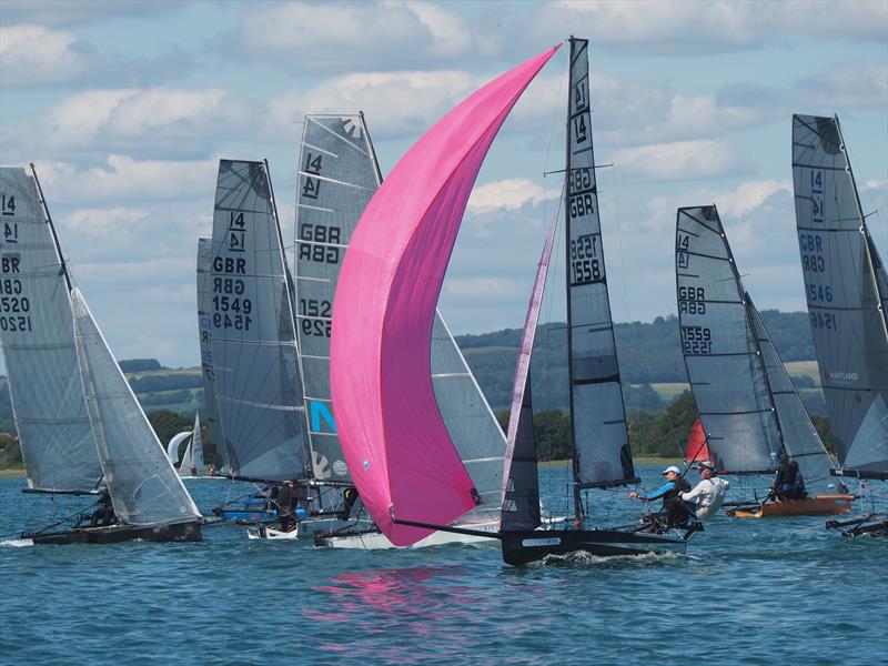 International 14 Century Cup at Itchenor - Fitzgerald and Grant making a break after the first weather mark photo copyright Luke Boughton taken at Itchenor Sailing Club and featuring the International 14 class