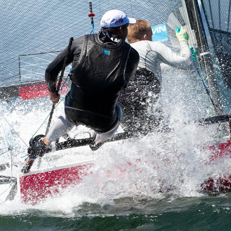 Scott Cunningham - Is this goin in or what - International 14 Victorian State Championships photo copyright Bernie Kaaks taken at Sandringham Yacht Club and featuring the International 14 class