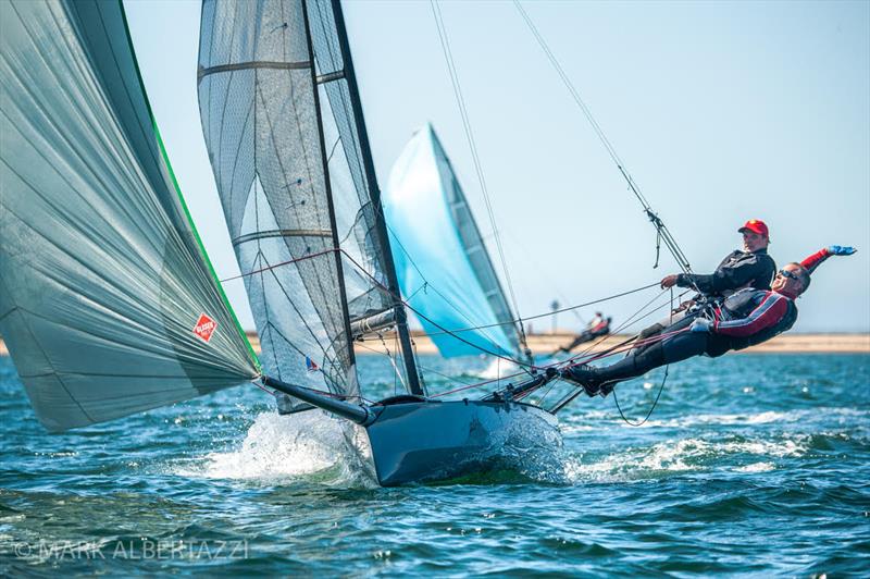 International 14 sailors enjoy ideal flat-water racing conditions on San Diego's South Bay racecourse during the 2021 edition of the Helly Hansen Sailing World Regatta Series. - photo © Mark Albertazzi