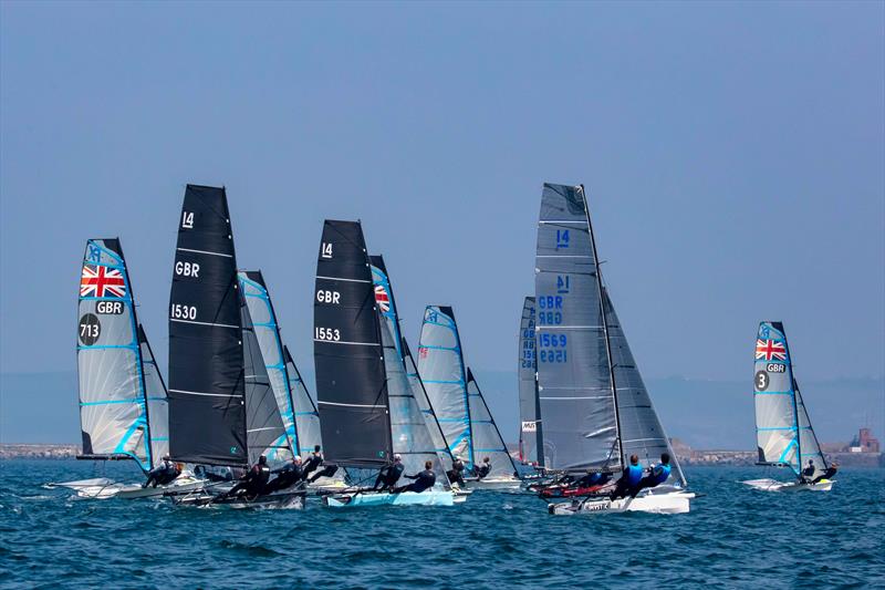 International 14s at the Weymouth Skiff Open photo copyright Tim Olin / www.olinphoto.co.uk taken at Weymouth & Portland Sailing Academy and featuring the International 14 class