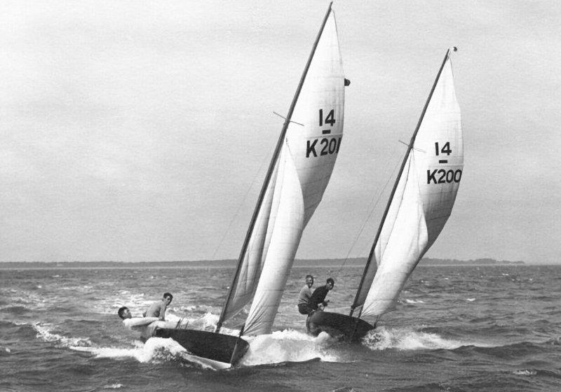 201 'Daring' and 200 at Cowes after finishing first and second in the 1929 Prince of Wales Cup race photo copyright Vaughan taken at  and featuring the International 14 class