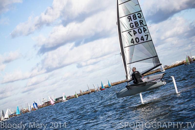 Robert Greenhalgh foiling at the 41st Bloody Mary photo copyright Alex Irwin / www.sportography.tv taken at Queen Mary Sailing Club and featuring the International Moth class