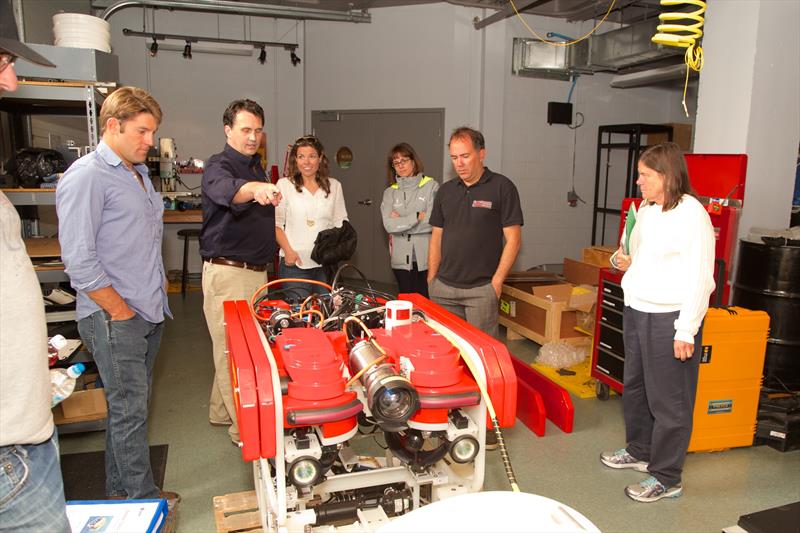 : Moth sailors like robots as much as anyone, and URI Inner Space Director Dwight Coleman proudly shows off one of his schools ultra high-tech underwater vehicles to the sailors - photo © Meredith Block / US Moth Class