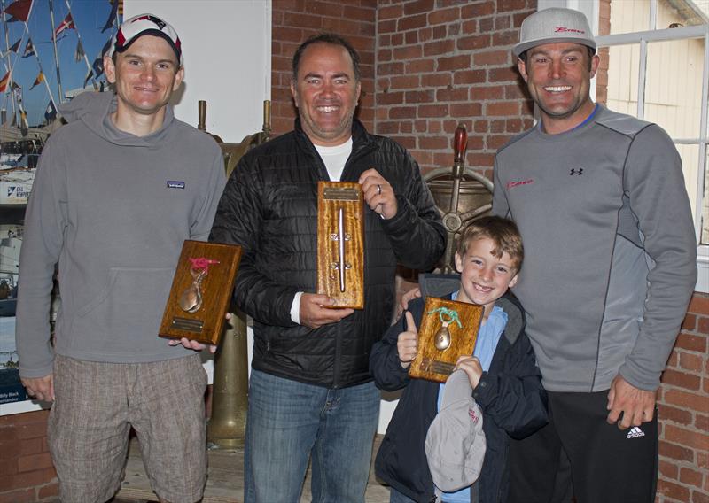 Podium finishers pick up an extra fan during Awards Ceremony (l to r) Matt Knowles, 2nd place, Anthony Kotoun, 1st place, and Tom Loughborough, 3rd place - photo © Meredith Block / US Moth Class