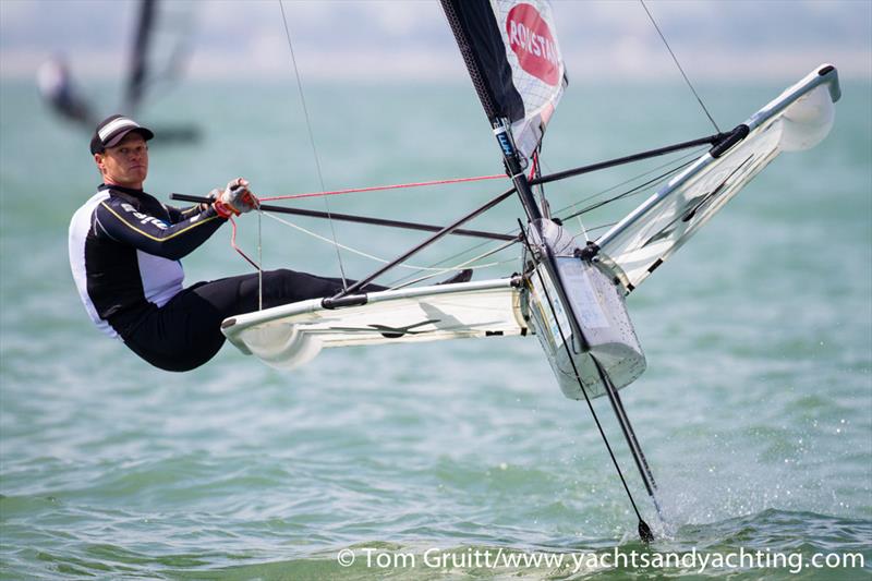 Nathan Outteridge on the first day of the International Moth World Championships  photo copyright Tom Gruitt / yachtsandyachting.com taken at Hayling Island Sailing Club and featuring the International Moth class