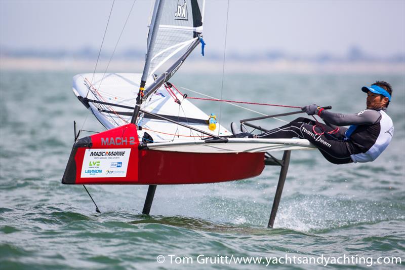 Hiroki Goto on the first day of the International Moth World Championships  photo copyright Tom Gruitt / yachtsandyachting.com taken at Hayling Island Sailing Club and featuring the International Moth class