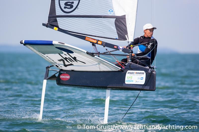 Paul Goodison on day 3 of the International Moth World Championships photo copyright Tom Gruitt / yachtsandyachting.com taken at Hayling Island Sailing Club and featuring the International Moth class