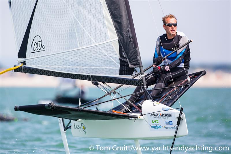 Richard 'The Dentist' Edwards on day 5 of the International Moth World Championships photo copyright Tom Gruitt / YachtsandYachting.com taken at Hayling Island Sailing Club and featuring the International Moth class