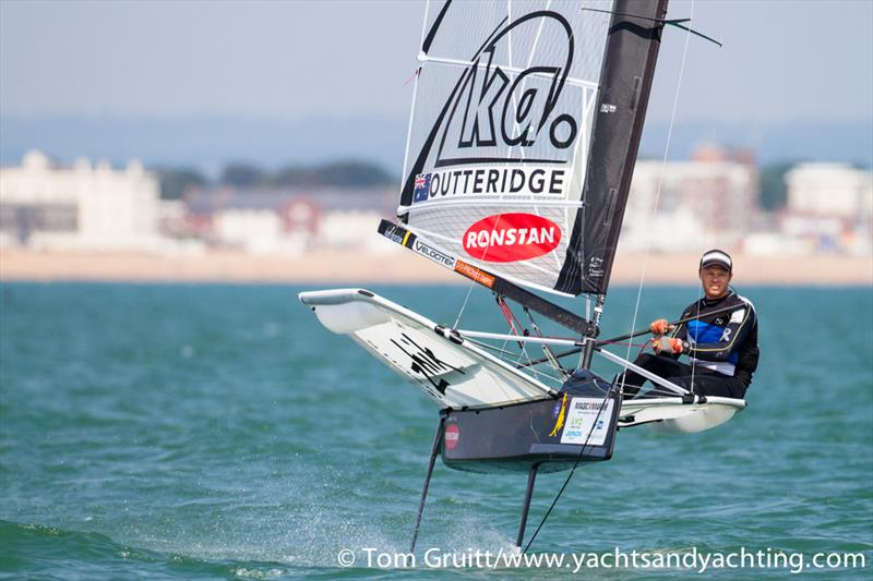 Nathan Outteridge on day 6 of the International Moth World Championships photo copyright Tom Gruitt / YachtsandYachting.com taken at Hayling Island Sailing Club and featuring the International Moth class
