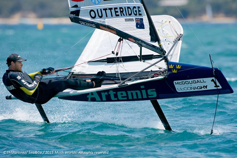 Nathan Outteridge on day 2 of the 2015 McDougall   McConaghy International Moth Worlds photo copyright Th. Martinez / Sea&Co / 2015 Moth Worlds taken at Sorrento Sailing Couta Boat Club and featuring the International Moth class