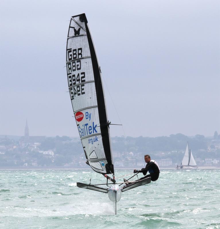 Jason Belben on day 2 of the International Moth UK Nationals at Stokes Bay photo copyright Mark Jardine taken at Stokes Bay Sailing Club and featuring the International Moth class